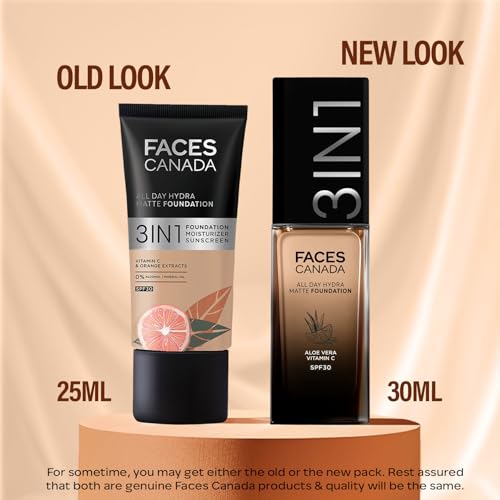 Image of FACES CANADA All Day Hydra Matte Foundation | 3-in-1 Foundation + Moisturizer + SPF 30 | 24 HR Aloe Hydration & Vitamin C | 10HR Long Wear | Medium to High Buildable Coverage | Medium Natural 022 | 30ml