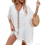 EOAMGO Beach Cover Ups for Women UK, Beach Dresses Crochet Fringe - Beach Cover Up & Sarongs for Women Beachwear, Coverups White