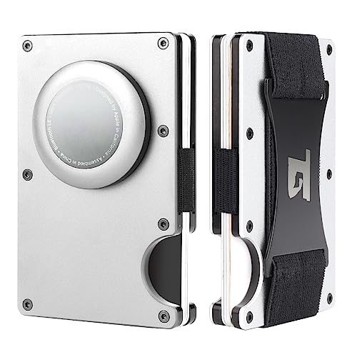 Mens metal wallet wallet with Airtag holder RFID Blocking Minimalist wallet (Silver W/Strap)