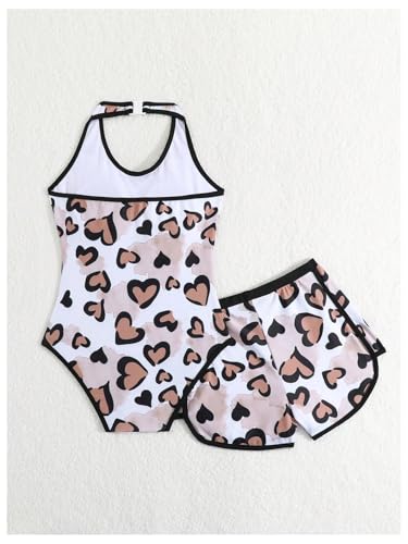 GORGLITTER Girl's Cute Heart Print One Piece Swimsuit with Cover Up Shorts Bathing Suit2