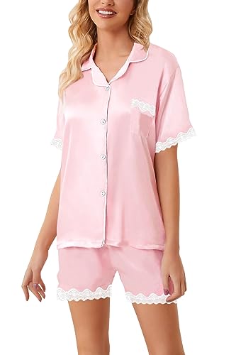 Image of Schbbbta Girls & Women Satin Pajamas Set, 2Piece Silk Nightwear Button-Down Sleepwear for Teen Kids, 3 Years - Women XXL