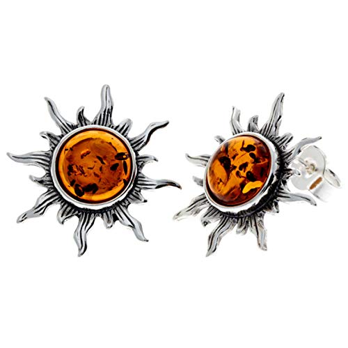 Certified 925 Sterling Silver & Baltic Amber Sun Stars Studs Designer Earrings SilverAmber 8222