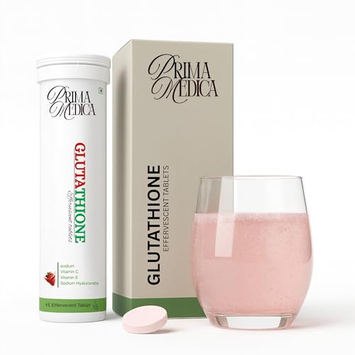 Image of PrimaMedica Glutathione 600mg Effervescent Tablets | Vitamin C, E & Sodium Hyaluronate | Skin Glow & Skin Health Support | Antioxidant Supplement for Men & Women | Strawberry Flavour | 15 Tablets