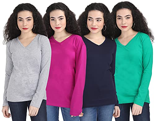 Image of FLEXIMAA Women's Cotton Plain V Neck Full Sleeve T-Shirt