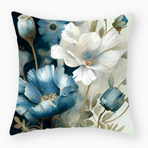 4er Set Leinen Kissenbezüge 40x40 Cm - Blaue Blumen Design Mit Reißverschluss, Maschinenwaschbar