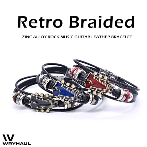 2 Set Retro Faux Leather Guitar Bracelet, Zinc Alloy Rock Music Guitar Genuine Leather Bracelet, Punk Guitar Bracelet for Men, Guitar Handmade Braided Multi-Layer Wrap Bracelet2