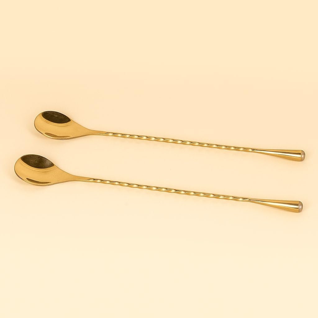 Swadeshi Desire™ Stainless Steel Bar Spoon/Professional Cocktail Stirring Spoon with Teardrop Twisted Handle – Long Bar Stirrer for Mixing Cocktails, Durable Bartender Tool (2, Golden) 30cm