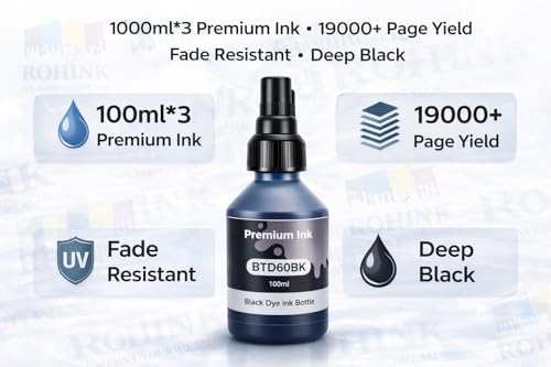 Image of ROHINK Premium Dye Ink Bottles for Brother Printers, T220, T300, T310, T420, T500, T520, T820, T920, T510, T910, T710, T4500W, T800W, T710W - Printer (Black Pack of 3)