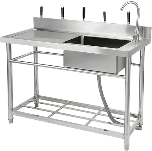 47.2" x 33.5" x 19.7" Stainless Steel Utility Sink, Freestanding Single Bowl with Hot & Cold Water Faucet & Undershelf, Commercial Kitchen Laundry Bathroom Garage Garden Sink