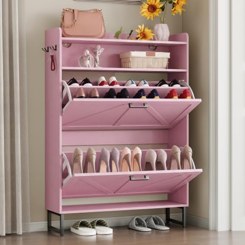 Image of BORNOON Shoe Cabinet with 2 Flip Drawers Narrow Shoe Storage Cabinet Organizer Wooden Freestanding Rack Hidden Slim Storage for Entryway, Hallway, Living Room, Bedroom