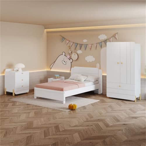 Cama 90x200 cm cabecero con diseño de líneas Cuna para Adolescentes Cama Individual para Dormitorio Cama Juvenil con somier láminas de Madera Cama de Invitados sin colchón Conjunto 4 Piezas Blanco