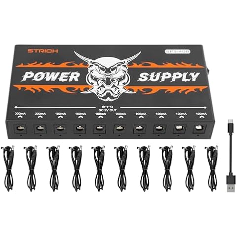 STRICH SPS-40B Rechargeable Guitar Pedal Power Supply with Built-in 10000mAh 10 Outputs DC 9V (2x300mA, 8x100mA) Jacks for Guitar Bass Pedals, 5V/1A USB Port for Phone, Noiselessly Cover