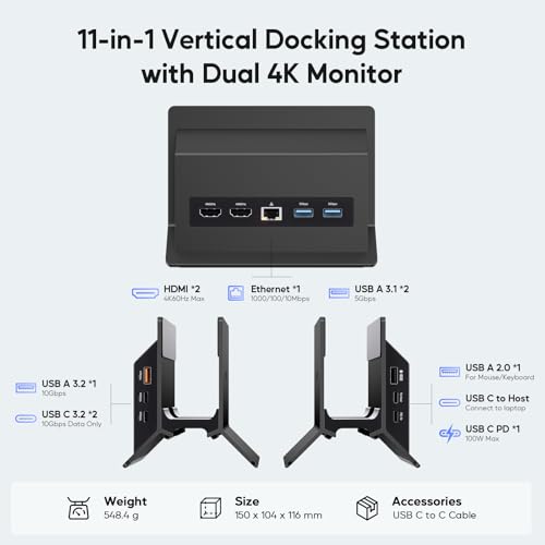 PULWTOP USB C Laptop Docking Station Dual Monitor, 11 in 1 Vertical Dock with 2 HDMI 4K, 3 USB A/C 10Gbps, 2USB-A 5Gbps, USB A 2.0, Ethernet, Docking Station Stand for Type-C Laptops - Black