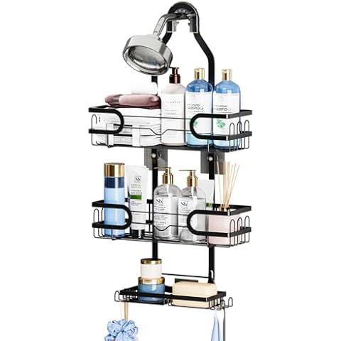 GAOKASE Shower Caddy Hanging, 3 Tier Rustproof Shower Organizer, Shower Rack with Removable Baskets/Soap Basket, Hooks for Razor/Sponge, No Drilling Bathroom Organizer Over Showerhead - Black Cover