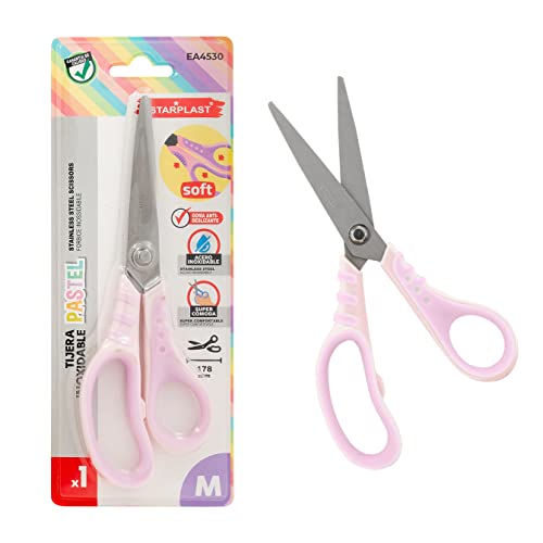 TIJERAS DE ACERO INOXIDABLE STARPLAST - Cubierta suave silicona, Talla M, colores pastel, punta fina - LILA-ROSA