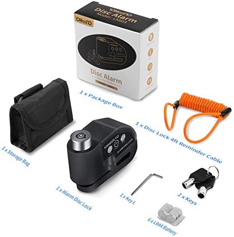 YOHOOLYO Alarm Disc Lock Motorcycle Disc Brake Lock Anti-Theft Waterproof 110 dB 7mm Pin 5ft Reminder Cable for Motorcycles Bike Scooter Carry Pouch (Black) Automotive - Color : Black Product Image