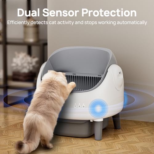 Open-Top Self Cleaning Litter Box, Automatic Cat Litter Box with APP Control, Dual Safety Sensors, Includes Trash Bags, Grey-White
