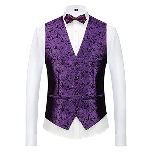 Mens Suits Regular Fit 3 Piece Skinny Tuxedo Blazer Waistcoat Pants Shawl Lapel Paisley Suits Men For Wedding Purple #TOP2