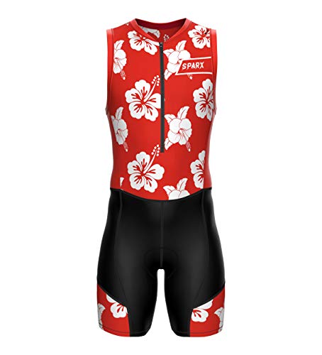 Sparx Men`s Triathlon Suit Trisuit Race Skinsuit Cycling Speed Suit Italian Fabric Swimskin (Red Hisbiscus, 2XL)