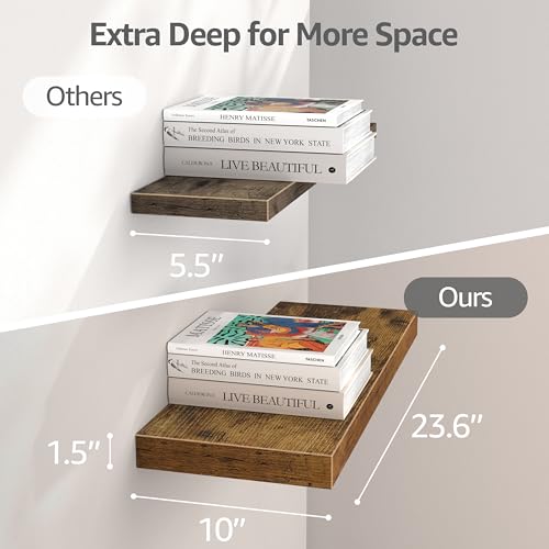 Image of QEEIG 10 inch Deep Floating Shelves for Wall - 10 x 24 inch Book Shelf Bathroom Bedroom Kitchen Living Room Hanging Bookshelf Farmhouse Set of 3, Rustic Brown (025-60BN3)