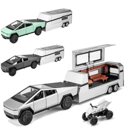 Image of Alokik Enterprise 1:32 Scale Die-Cast Tesla CyberTruck with Pick-Up Trailer with 6 Openable Doors Pull Back Action,Lights & Music Best Vehicle Gift for Kids【Random Color】