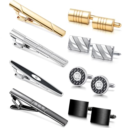 YADOCA Tie Clip Cufflinks Set for Men Necktie Tie Bar Clips Business Shirts Tuxedo Wedding Gift with Box Silver-tone Gold-tone Black