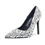 sexyprom Women's Rhinestone Pointed Toe Pumps Slip On Stiletto Heels 4.3IN Nightclub Party Wedding Dress Shoes Black US9