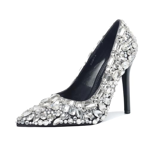 Women's Rhinestone Pointed Toe Pumps Slip On Stiletto Heels 4.3IN Nightclub Party Wedding Dress Shoes