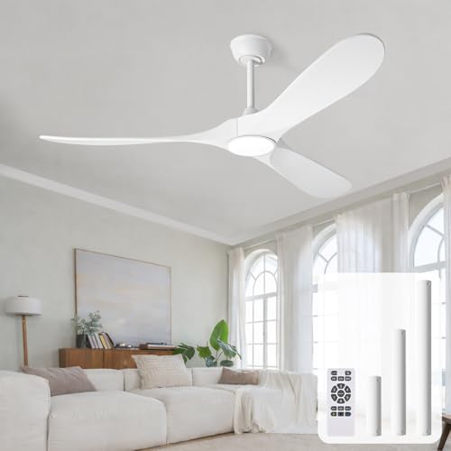 Image of heimo 60 Inch White Ceiling Fan with Light and Remote, Wood Outdoor Ceiling Fans with Lights Dimmable for Bedroom Living Dining Room Patios Garage Gazebo Farmhouse Big Dc Reversible Fan