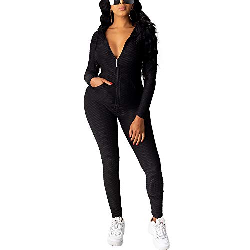 WOOSEN Women's Casual 2 Piece Outfits Solid Long Sleeve Zip-up Hoodie & Skinny Pants Tracksuits Bodycon Jumpsuits Sweatsuit, Scales-black, Medium