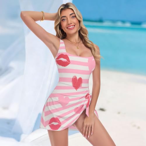 Vestido de baño para mujer de diseño estilizado con rayas y motivos de labios 3