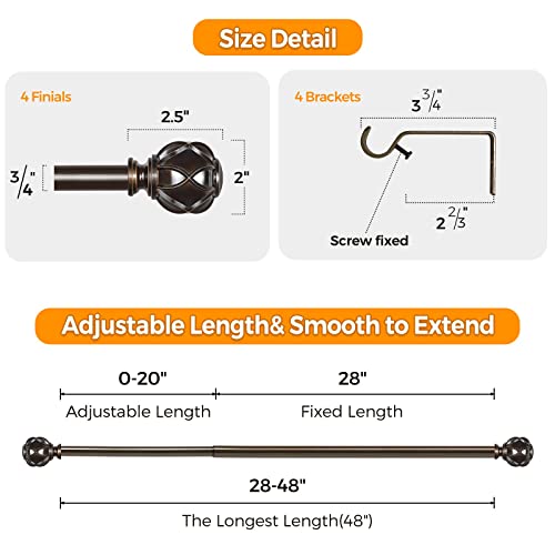 Hotozon 3/4 Inch Curtain Rods 28 To 48 Inches(2.3-4Ft), 2 Pack Antique Bronze Window Rods For Window 16 To 44 Inches(1.3-3.7Ft), Single Drapery Rod With Finials #TOP6