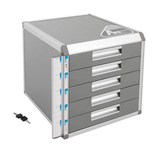 Cutycaty Ablagebox Metall Schubladenbox Abschließbar Dokumenten Aufbewahrung Ablagebox 3/5 Fächer, Schubladenbox A4 Aktenschrank Aluminiumlegierung Bürobox mit Etiketten zur Beschriftung (5 Ebenen)