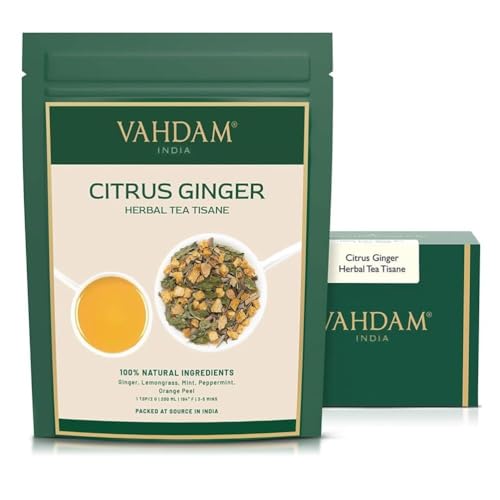 VAHDAM, Tisana De Té De Hierbas De Jengibre Cítrico (50 Tazas, 100 gram) Jengibre, Limoncillo, Cáscara De Naranja, Menta | Hojas Sueltas De Té De Hierbas | Paquete Sellado Al Vacío