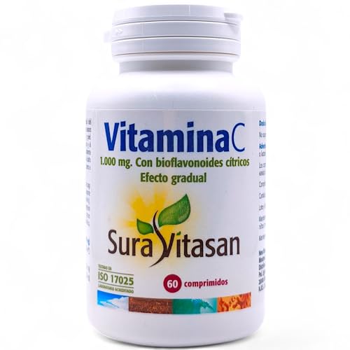 Sura Vitasan Vitamina C 60 Comprimidos de 1000mg - Con Bioflavonoides Cítricos y Escaramujo - Ayuda a Proteger las Células Frente al Daño Oxidativo y a Disminuir el Cansancio y la Fatiga