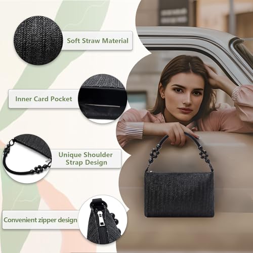 Image of YYW Straw Beach Bag with Zipper Straw Purse Beach Purse Weave Shoulder Vacation Tote Handbags