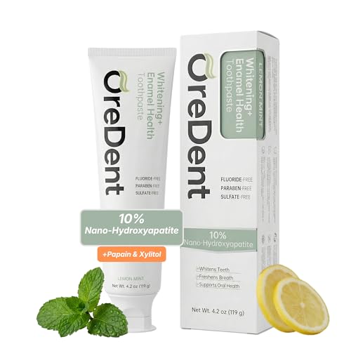 OreDent Fluoride Free 10% Nano Hydroxyapatite Whitening + Enamel Health Toothpaste, Remineralizing, Sensitivity Relief, Xylitol, SLS Free, Lemon Mint Flavor for Adults & Kids, 4.2 oz
