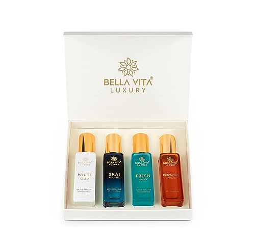 Bella Vita Luxury Unisex Eau De Parfum Gift Set 4×20 ML for Men & Women with SKAI, FRESH, WHITEOUD, PATCHOULI Perfume|Long Lasting EDP Fragrance Scent
