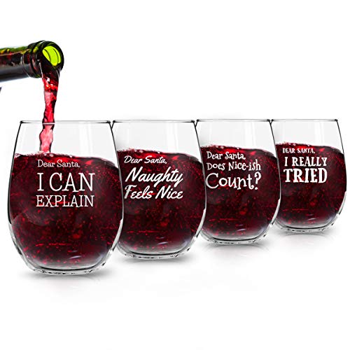 Dear Santa Funny Christmas Stemless Wine Glass (Set Of 4) - 15 Oz - Naughty, Cheerful Holiday Party Cups- Gift Exchange Idea To Celebrate X'mas #TOP2