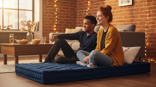 Image of ATOOTFUSION Soft Cotton Floor Box Mattress, 5-Inch Thick, Foldable, Movable, Medium Firm, Solid Colored (Navy Blue, Small Single 30X72X5 Inches)