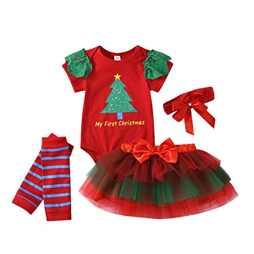 4 piezas de ropa de Navidad para bebé, mameluco superior, falda tutú, calentadores de piernas + diadema floral para bebés, fiesta de Navidad, disfraces de cumpleaños, falda de princesa de 0 a 24 m