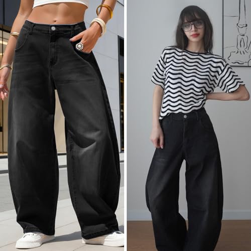 Image of EXLURA Womens Barrel Jeans Wide Leg Y2K Boyfriend Denim Pants Hip Hop Vintage Baggy Jeans Cotton Mid-Low Elastic Waist Pants