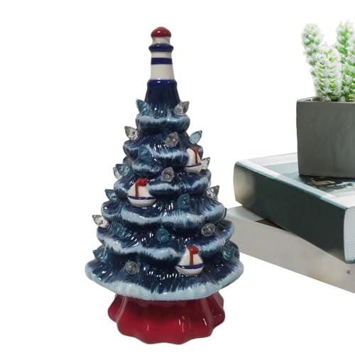 Shurzzesj Luces de árbol de cerámica | Lámpara de noche de faro de árbol de Navidad preiluminada pintada a mano | Figura de mesa náutica de faro, decoración de mesa alimentada por pilas para