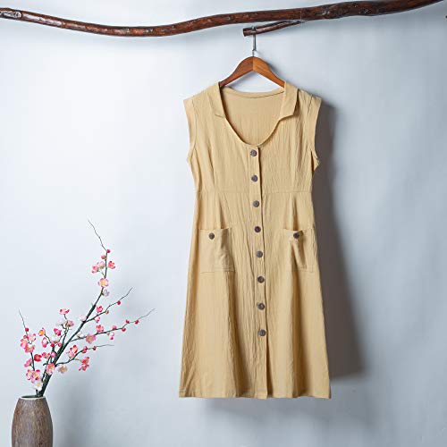 Loijon Mulheres verão vestido de linho de algodão cor sólida v pescoço sem mangas botão bolso casual