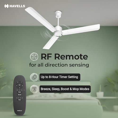 Image of Havells NEON BLDC 1200mm Premium Ceiling Fan with 100% Pure Copper| 5 Star Rating | Remote Controlled | Watt: 28|Air Flow: 220 cmm|Speed: 350 RPM| 2 Years Warranty (White Satin)