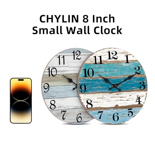 Image of CHYLIN Wall Clock, Beach Themed Blue Wall Clocks Battery Operated Silent Non-Ticking, 8 Inch Vintage Rustic Coastal Nautical Clock Decorative for Kitchen Office Bathroom Bedroom 8