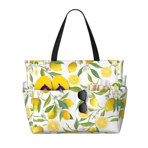 Bolsa de playa de limones tropicales frescos, bolsa de playa extra grande, bolsa de playa plegable para piscina de arena para mujer, imprescindible para vacaciones, Black, Talla única