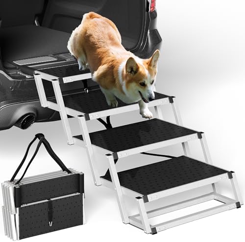 YITAHOME Dog Car Ramp with 4 Steps Widened, Lightweight Dog Steps for Large Dog, Portable and Foldable Pet Ladder Ramp, Aluminum Frame Dog Stairs for Cars, SUV, High Bed, Support 200 LBS
