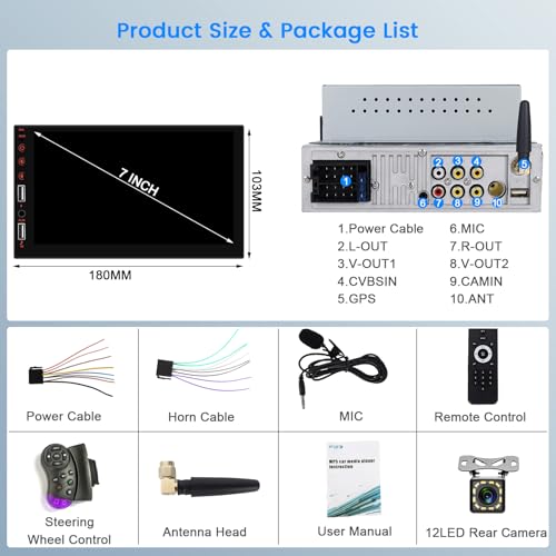 [Upgrade] 7 Inch HD Single Din Touch Screen Car Radio- Wireless Carplay and Android Auto, 1 Din Car Stereo with Bluetooth 5.1, Mirror Link, FM Radio, SWC, 7 Backlights+ Backup Camera Mic - Thumbnail 7