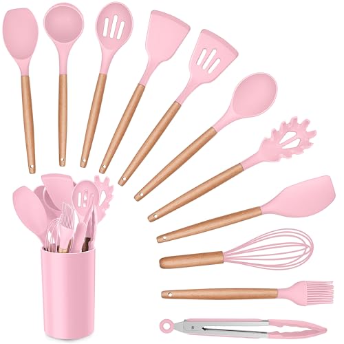 Herogo Küchenutensilien-Set, 12-teiliges Silikon-Utensil mit Halter, hitzebeständige Kochutensilien mit Holzgriff für antihaftbeschichtete Kochgeschirr-Pfannen, Silikon-Küchenhelfer-Werkzeug-Set, Rosa